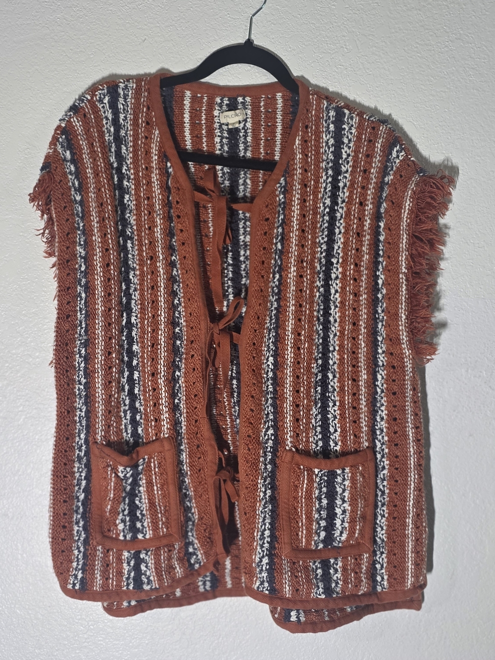 Pilcro Rust Striped Knit Vest with Fringe Trim